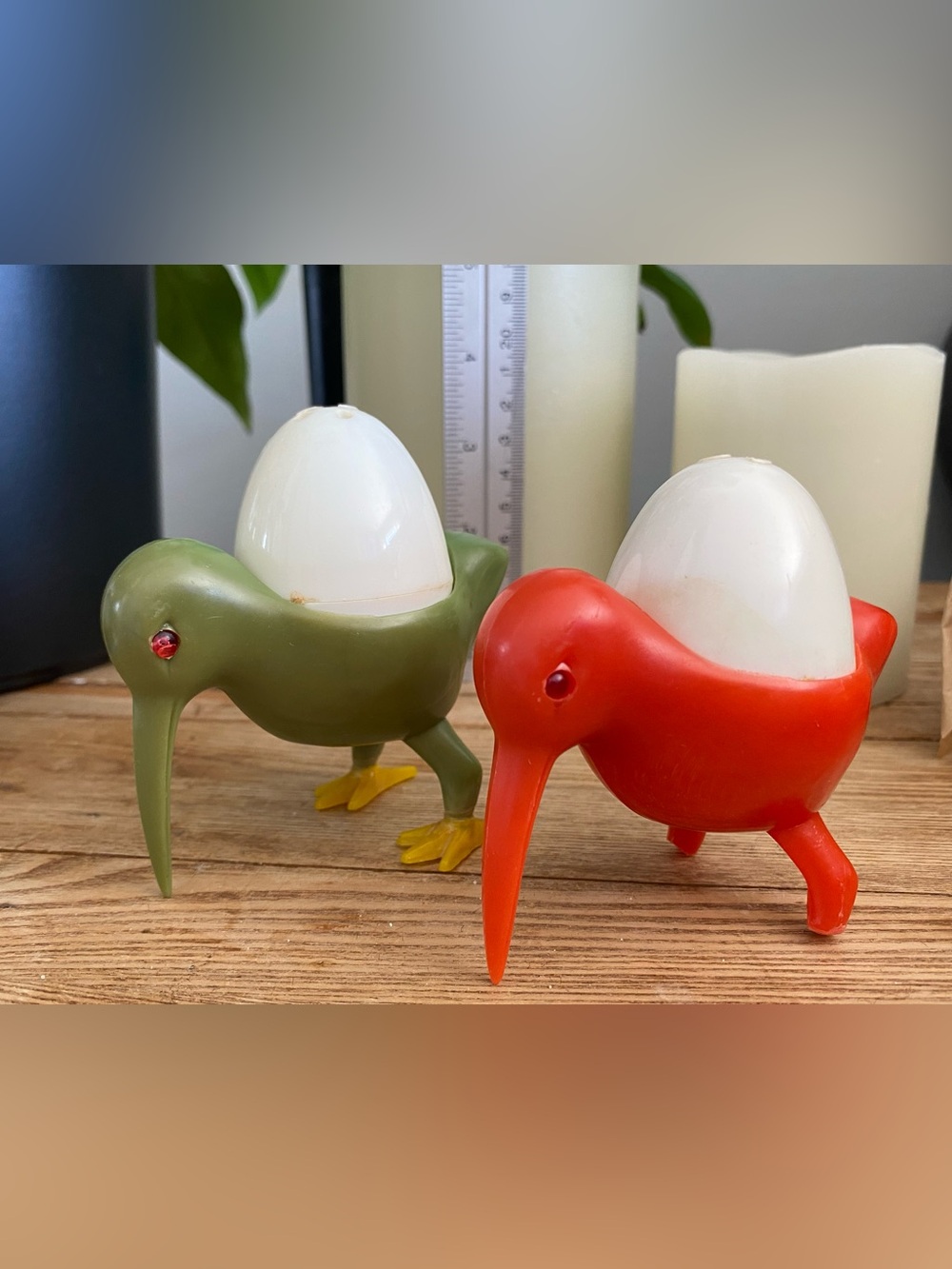 Vintage Kiwi Bird Egg Cup Salt Pepper Shakers Plastic AS IS Craft Repair